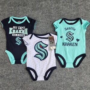 NHL Seattle Kraken Baby Bodysuit 3-Pack Infant Creeper Set 0-3M NEW‎ w/Tags